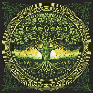 May include: A green and gold Celtic tree of life design with intricate details. The tree is surrounded by a circular frame with a Celtic knot pattern.