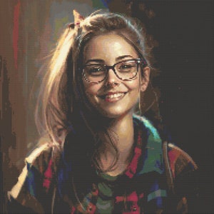 Grunge Girl with Glasses and Flannel Cross-Stitch Pattern Digital Download
