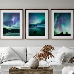 Northern Lights Set of 3 Prints, Aurora Borealis Print Set, Night Sky Photography, Dark Green Wall Art, Nature Lover Gift, Extra Large Art