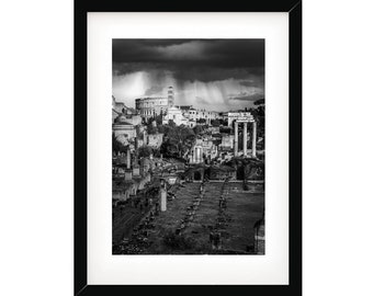 Impression de Rome, affiche de l'Italie, photo du Forum romain, art mural italien, oeuvre d'art noir et blanc encadrée ou non, photographie d'art, taille XL