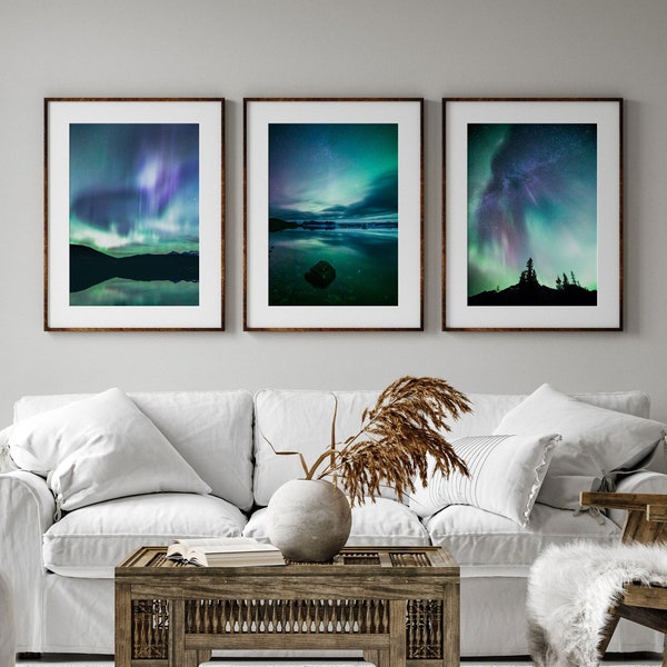 Northern Lights Set of 3 Prints, Aurora Borealis Print Set, Canada and Iceland Night Sky Photography, Dark Green Wall Art, Nature Lover Gift