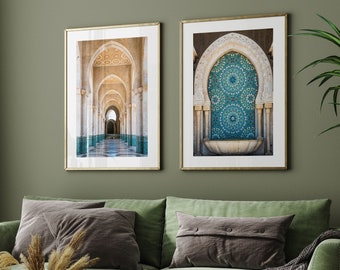Set of 2 Prints, Moroccan Decor, Mosque Archway Photo, Fountain Mosaic, Morocco Framed Artwork, Fine Art Photography, Prints for Bathroom
