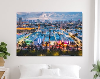 Miami Canvas Print, Ocean Drive Aerial Photo, Miami Night Skyline Artwork, 3 Piece Wall Art, Fine Art Photography, Unique Art Gift