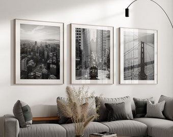 San Francisco Black and White Print Set of 3, Golden Gate, Cable Car and City Skyline Wall Art, Fine Art Photography, Unique Photo Gift