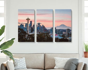 Seattle Skyline Canvas, Seattle Wall Art, 3 Panel Canvas, Space Needle and Mt Rainier, Fine Art Photography, Oversize Living Room Decor