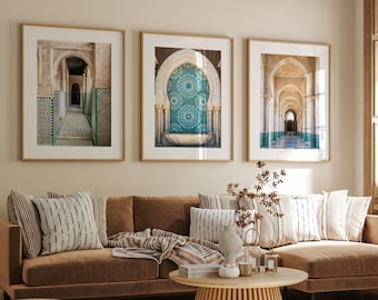 Set di 3 stampe, arte della parete marocchina/foto dell'arco della moschea, opera d'arte incorniciata dell'architettura del Marocco, fotografia d'arte, regalo d'arte molto grande