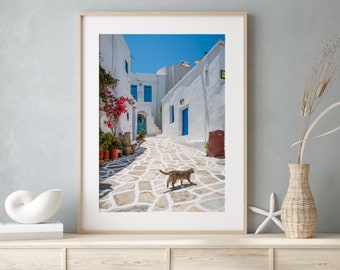 Greek Islands Wall Art, Cat in the White Town Paros Greece Framed Photo Print | Fine Art Photography, Extra Large Gift for Girlfriend