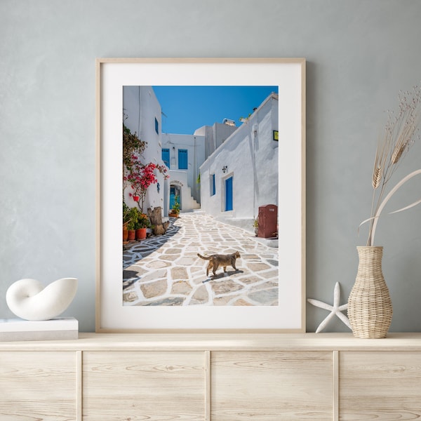 Greek Islands Wall Art, Cat in the White Town Paros Greece Framed Photo Print | Fine Art Photography, Extra Large Gift for Girlfriend