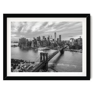 New York Black and White Photography Print: Skyline and Brooklyn Bridge Wall Art