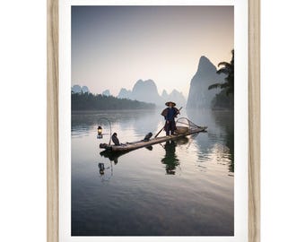Chinese Fisherman Photography Print, Framed China Photography, Zen Wall Art