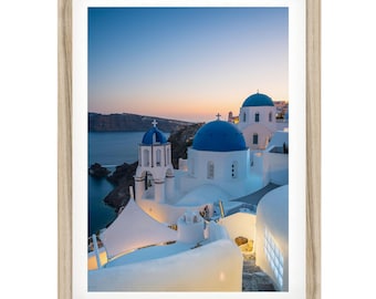 Santorini Sunset Photo: Greece Coastal Wall Art, Oia Blue Domes