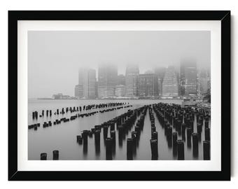 Misty Manhattan Skyline Print, Framed New York Wall Art, NYC Black and White Photography