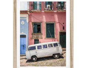 Vintage Camper Van Photography Print: Pink Wall Art, Colorful VW Bus Poster, Bohemian Retro Home Decor