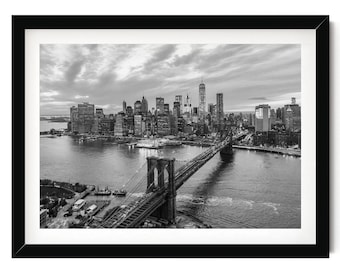 New York Black and White Photography Print: Skyline and Brooklyn Bridge Wall Art