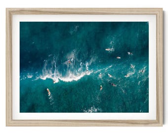 Grafika artystyczna z motywem surfingu na Hawajach: Fotografia oceanu z powietrza, wystrój domu na plaży