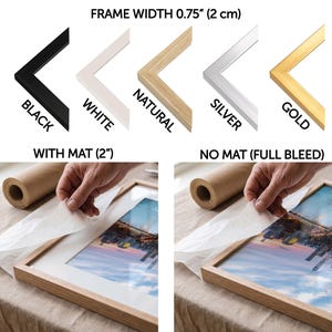The image is a collage of two photographs depicting the process of framing a picture. The first photograph shows a hand placing a mat over a black frame, while the second photograph shows a hand placing a mat over a gold frame. The mat is used to protect the picture and provide a clean, professional look for the framed artwork.