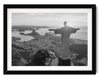 Rio de Janeiro Poster, Christ the Redeemer Black and White Print, Brazil Wall Art, Sugarloaf Mountain Photography