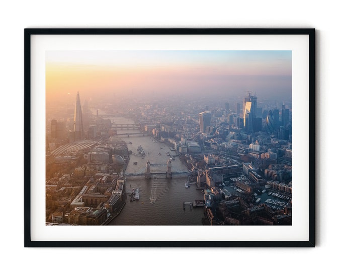 London Print, Tower Bridge Wall Art, City Skyline Sunset Aerial Photo, Framed Artwork, Fine Art Photography, Large Size Gift for the Home