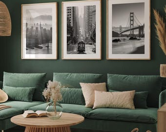 Zestaw odbitek fotograficznych z San Francisco: Czarno-biały horyzont, kolejka linowa, most Golden Gate