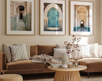 Zestaw wydruków fotograficznych architektury Maroka: Łuki meczetu, szkoła islamska