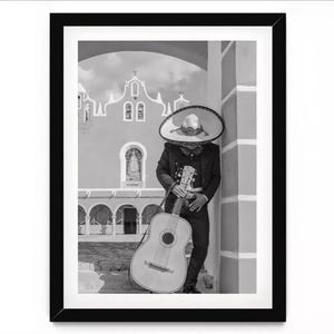 Stampa artistica in bianco e nero di un mariachi messicano: fotografia del Messico, decorazione murale in stile hacienda