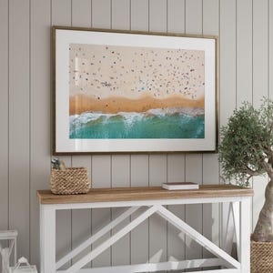 Beach Aerial Wall Art, Tiny People Sunbathing Print, Coastal Photography