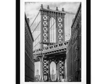 New York Wall Art: Manhattan Bridge Black and White Photography, NYC Print, DUMBO Brooklyn Framed Photo