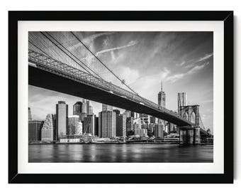 Brooklyn Bridge Print: Black and White Manhattan Skyline Photography