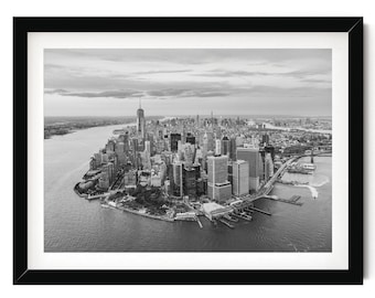 New York Skyline Print, Black and White Wall Art, Manhattan Aerial Photography, NYC Office Wall Decor