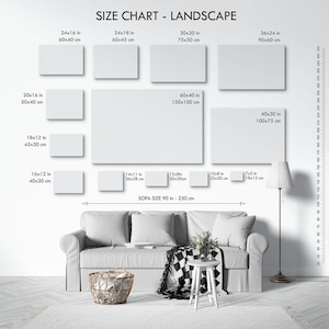 The image is a size chart for landscape paintings, displaying the dimensions of various canvas sizes ranging from 24x16 to 36x24 inches.