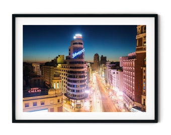 Madrid Framed Print, Spain Wall Art, Gran Via at Night Photo, Fine Art Photography, Madrid Skyline, Framed Picture, Extra Large Artwork