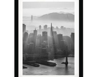 San Francisco Wall Art: Bay Bridge & Golden Gate Print, Black and White Skyline Poster, Office Wall Art