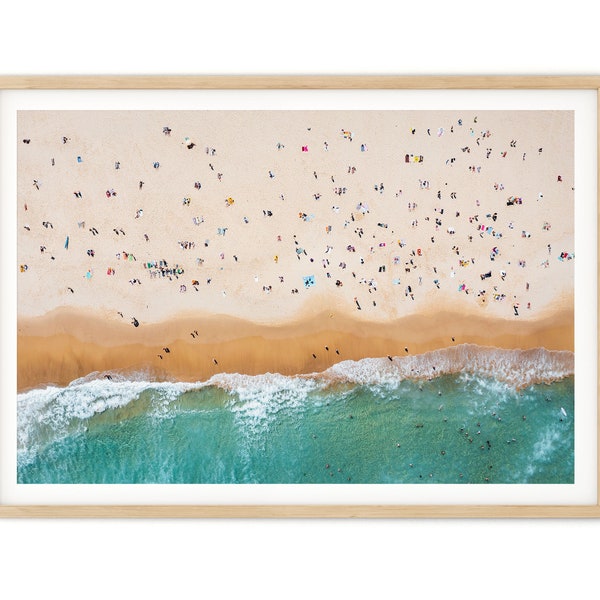 Strand Luftbild Wandkunst | Bondi Beach Sydney Print, Menschen Sonnenbad Foto, minimalistisches Poster, gerahmter Druck, Fine Art Fotografie, große Größe