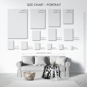 The image is a size chart for portrait-sized artworks, providing the dimensions of various canvas sizes ranging from 40x50 cm to 500x500 cm.