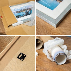 The image is a collage of four photos showing different stages of framing a picture. The first photo shows a framed picture in a box, the second photo shows the framed picture on a wooden surface, the third photo shows the framed picture on a wooden surface with a bubble wrap, and the fourth photo shows the framed picture on a wooden surface with a bubble wrap.