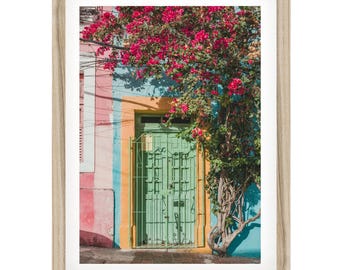 Bougainvillea Wall Art, Colorful Brazil Door Photography Print, Pink Floral Boho Wall Decor, Maximalist Travel Poster