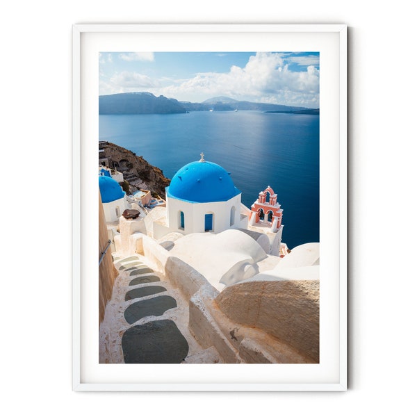 Impression de Santorin | Art mural des îles grecques, ville d’Oia et mer bleue Grèce Photo, impression encadrée, photographie d’art, gros caractères