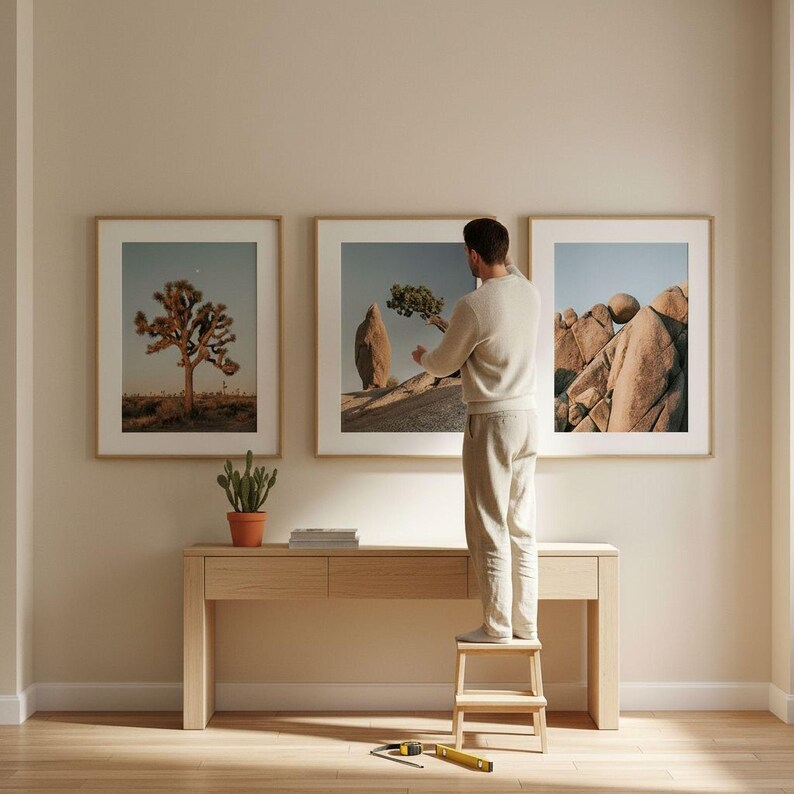 A man is standing on a stool and hanging three framed pictures on a wall in a room with a wooden table and a potted plant.