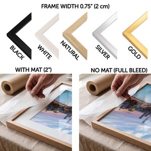 The image is a collage of two photographs depicting the process of framing a picture. The first photograph shows a hand placing a mat over a black frame, while the second photograph shows a hand placing a mat over a gold frame. The mat is used to protect the picture and provide a clean, professional look for the framed artwork.