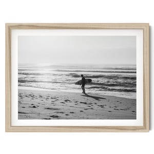 Lone Surfer Print, Minimalist Black and White Surf Wall Art, Framed Vintage Beach Wall Art for Home Decor, Large Coastal Artwork