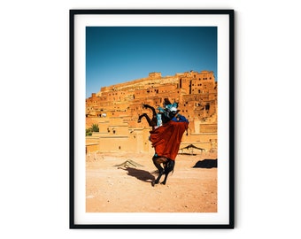 Aufzucht Pferd Druck, Ait Benhaddou Marokko Wandkunst, marokkanische Kultur Reisefoto, gerahmtes Kunstwerk, Kunstfotografie, sehr großes Geschenk