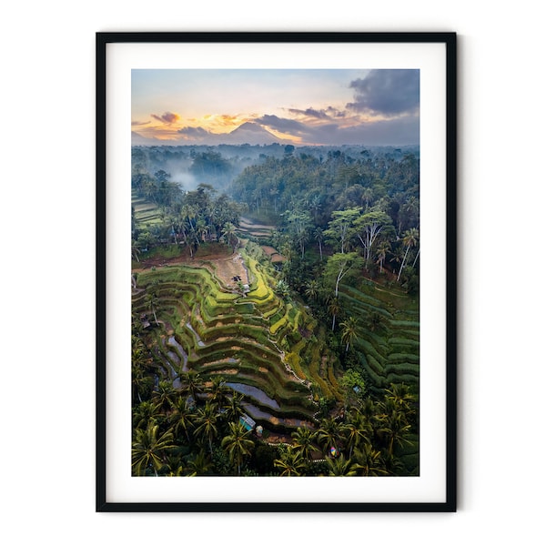 Bali Wall Art, Tropical Prints, Rice Paddy and Volcano Photo Print, Green Framed Wall Art, Fine Art Landscape Photography, Boho Home Decor