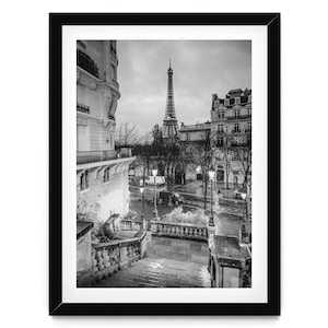 Fine Art Paris Black and White Print, Staircase and Eiffel Tower Framed Wall Art for Home Decor, French Architecture Photography