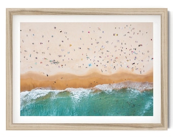 Strand luchtfoto kunst aan de muur, kleine mensen zonnebaden print, kustfotografie