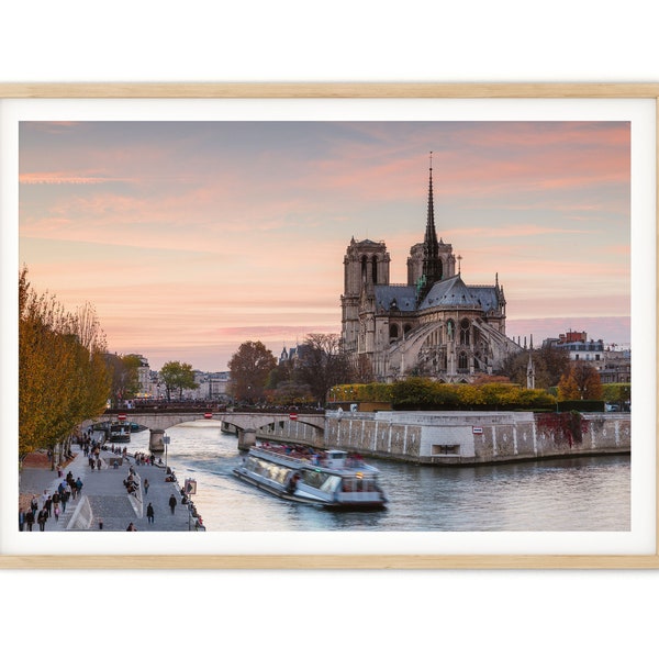 Paris Print, Notre Dame Cathedral and River Seine Sunset Photo, French Framed Wall Art | Fine Art Photography, Large Print Gift for Her