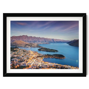 New Zealand Print, Queenstown at Dusk Photo, Mountain Lake Landscape Framed Wall Art, Fine Art Photography, Large Horizontal Artwork