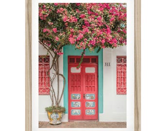 Red Door Photography Print: Colorful Brazil Wall Art, Pink Bougainvillea Poster, Boho Home Decor