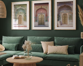 Palace Doors Set van 3 fotografie-afdrukken: Jaipur Rajasthan India Wall Art, Oosterse woondecoratie
