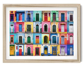 Farbenfroher Kunstdruck mit Vintage-Türen, Reisefotografie-Wandbild, Boho-Galeriewand, Collage „Türen der Welt“