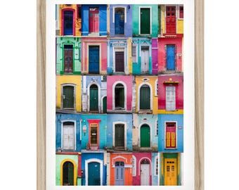Kunstdruck „Türen der Welt“, farbenfroher Vintage-Türdruck, Wandbild mit Reisefotografie, Türcollage für Boho-Wohndekoration